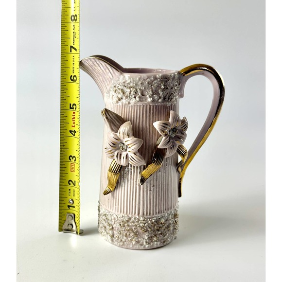 Vintage Ornate Pink Pitcher Vase With Gold Flower Details Hollywood Regency - Picture 8 of 11